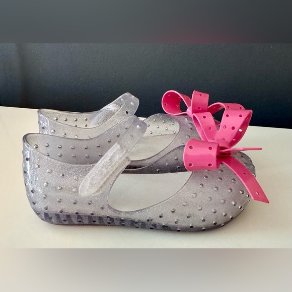 MINI MELISSA JELLY BOW FLATS Size 9 clear / silver pink bow sparkly mary jane - Picture 2 of 4